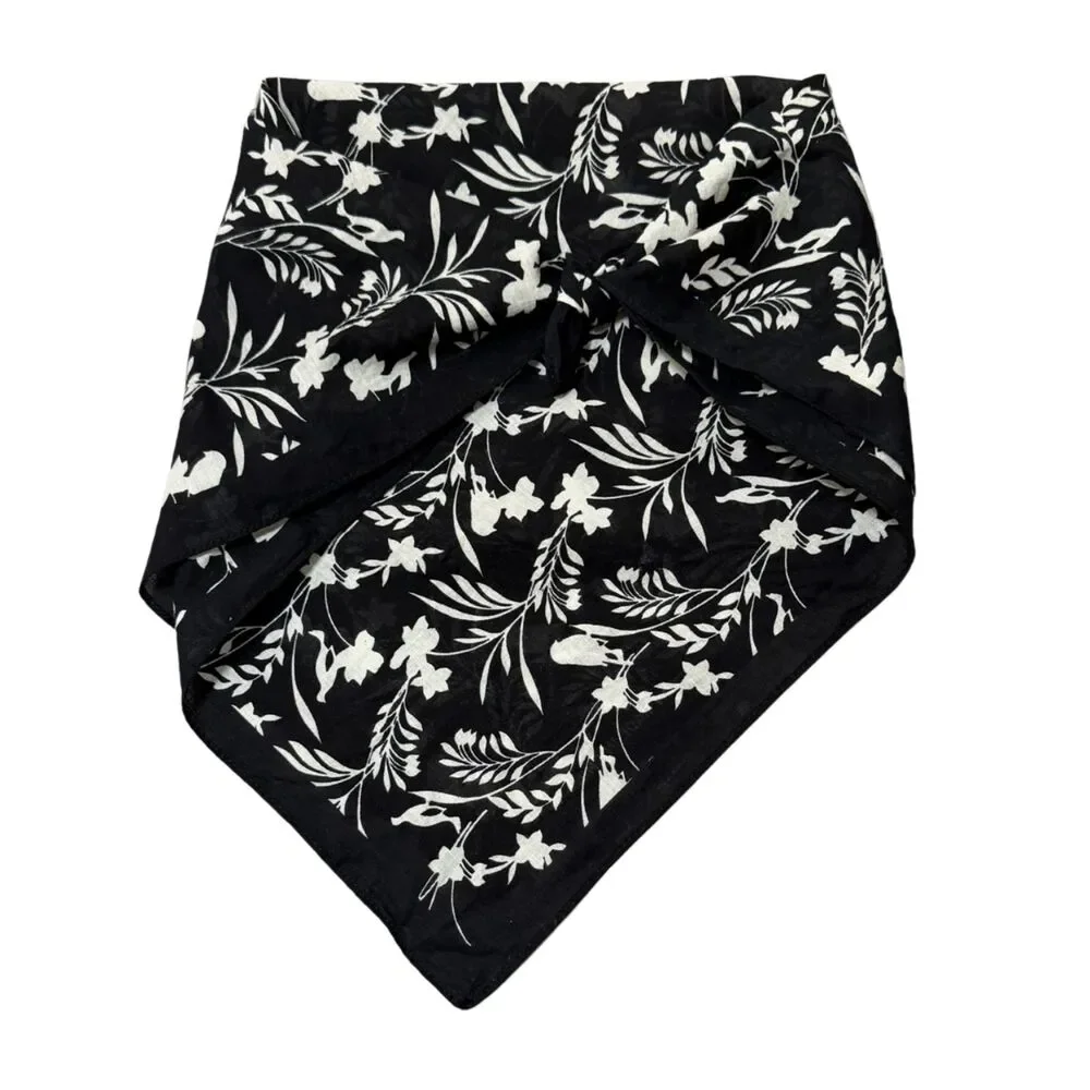 Black and White Floral Bird 100% Cotton Small Rectangular Scarf Kerchief Bandana